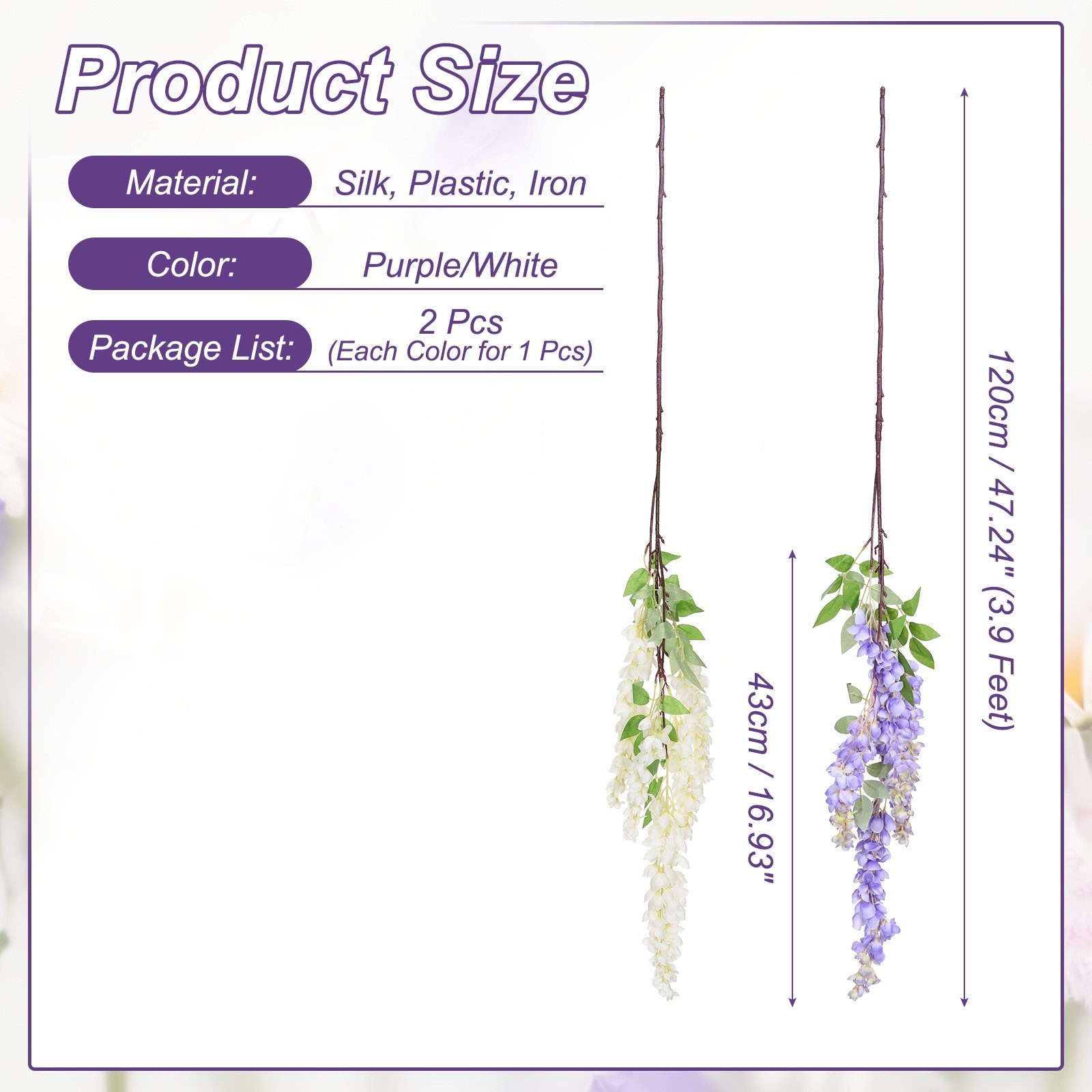 2 Pcs Artificial Wisteria Hanging Flower 3.9 ft Fake Hanging Floral Purple/White