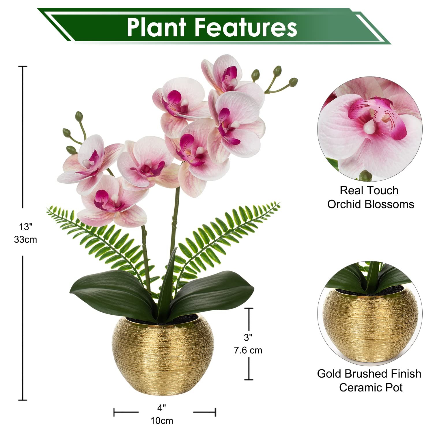 Briful Fake Orchid Fake Plant 13”Pink Orchids Artificial Flowers with Gold C…