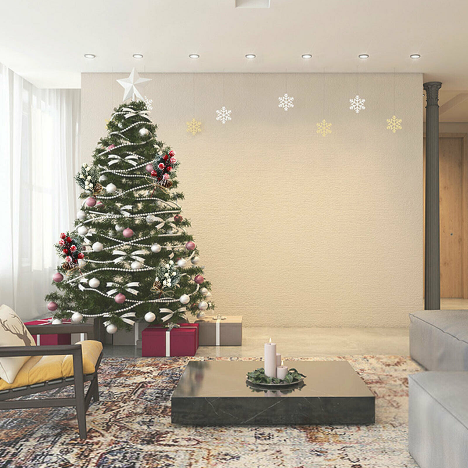 10× Christmas Berries Pine Cones Artificial Pine Picks with Snowflakes Holly US