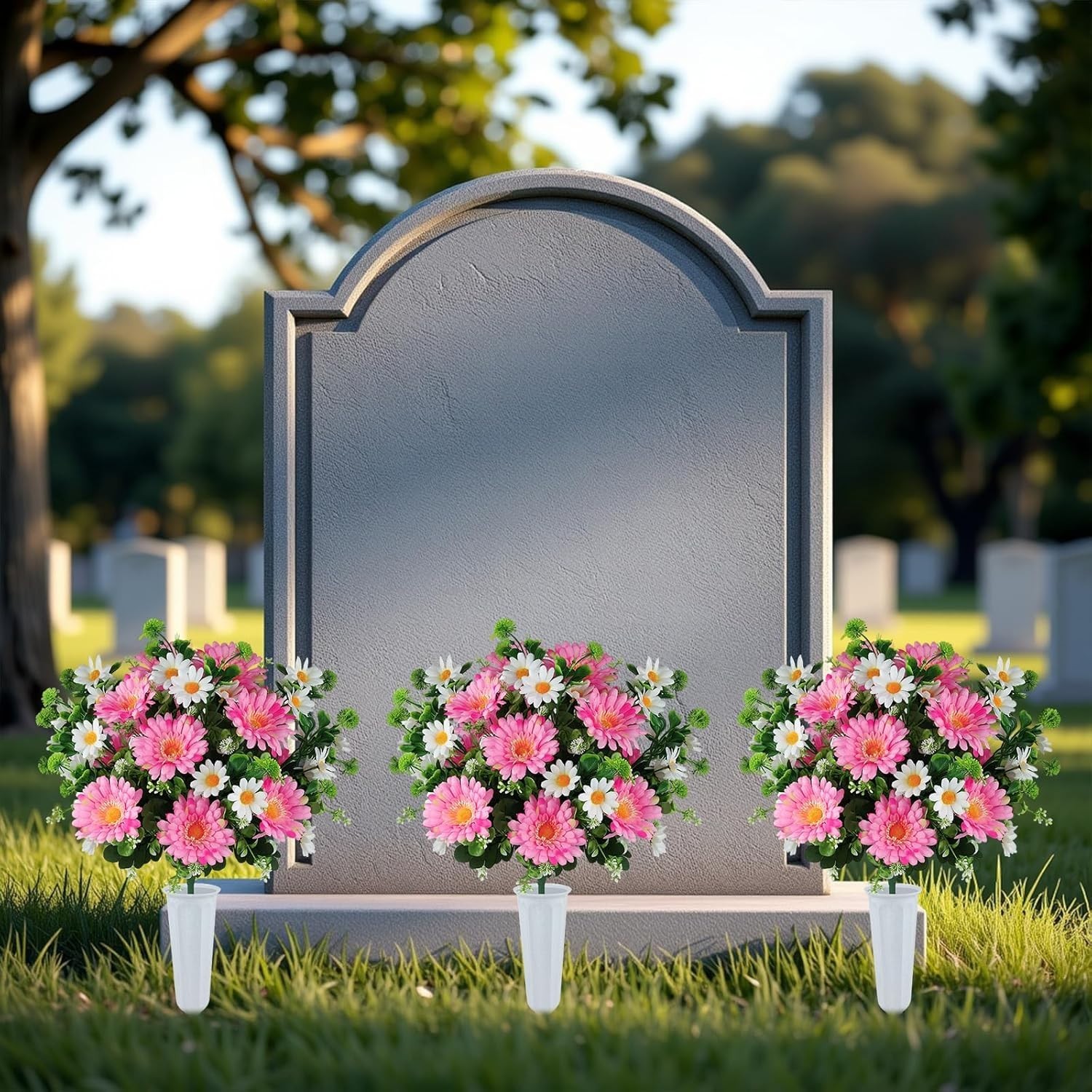 Artificial Cemetery Flowers for Grave with Vase, 24 Branches Daisy Fake Silk …