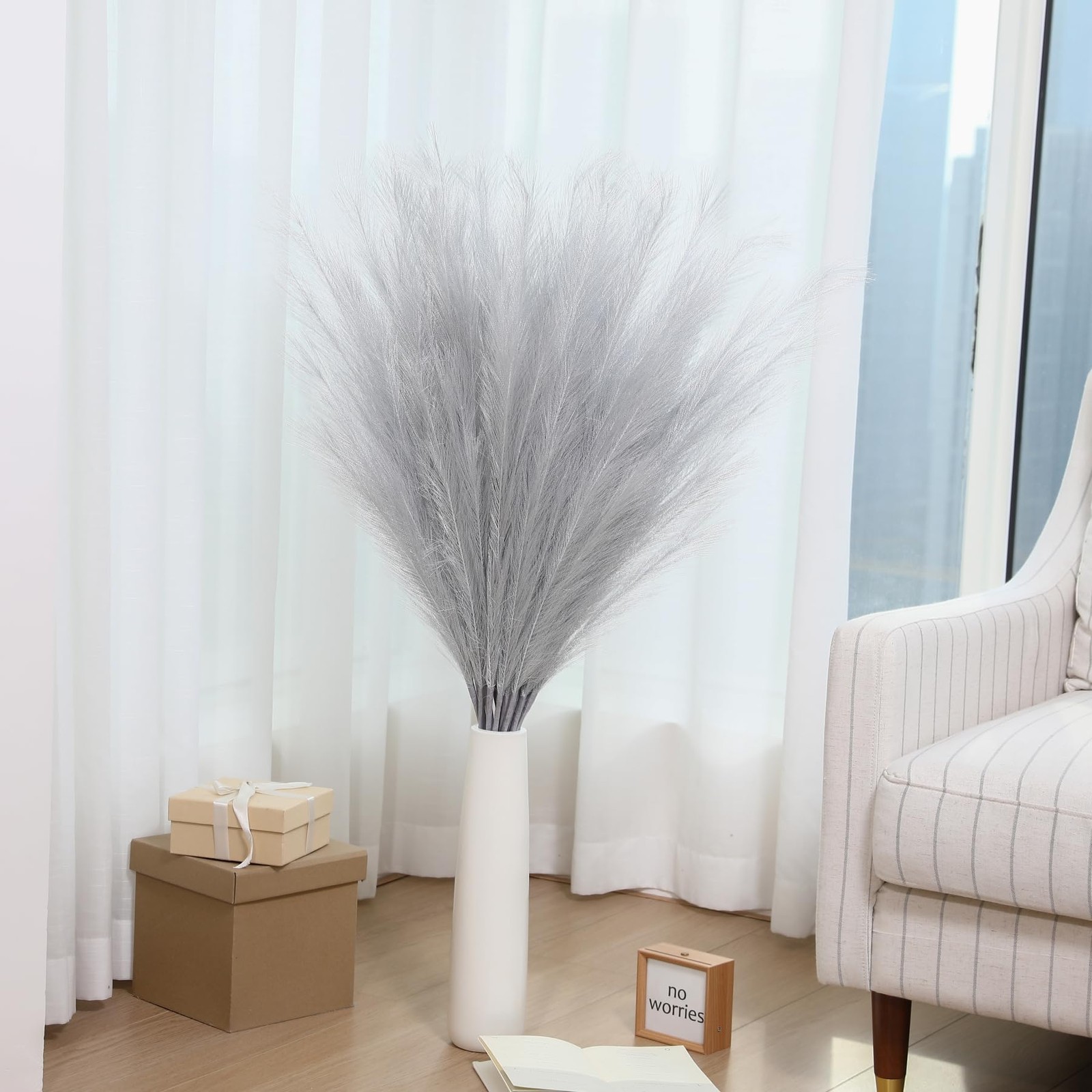 8 PCS Silver Pampas Grass Decor 45 Inch Tall Large Faux Pompous Artificial