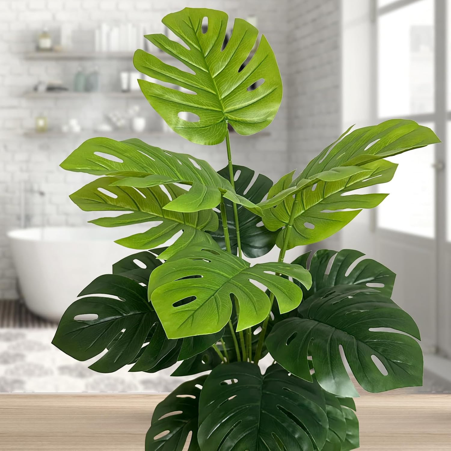 Set of 2 Artificial Monstera Deliciosa Plants in Pots, Fake Tropical Palm Tree w