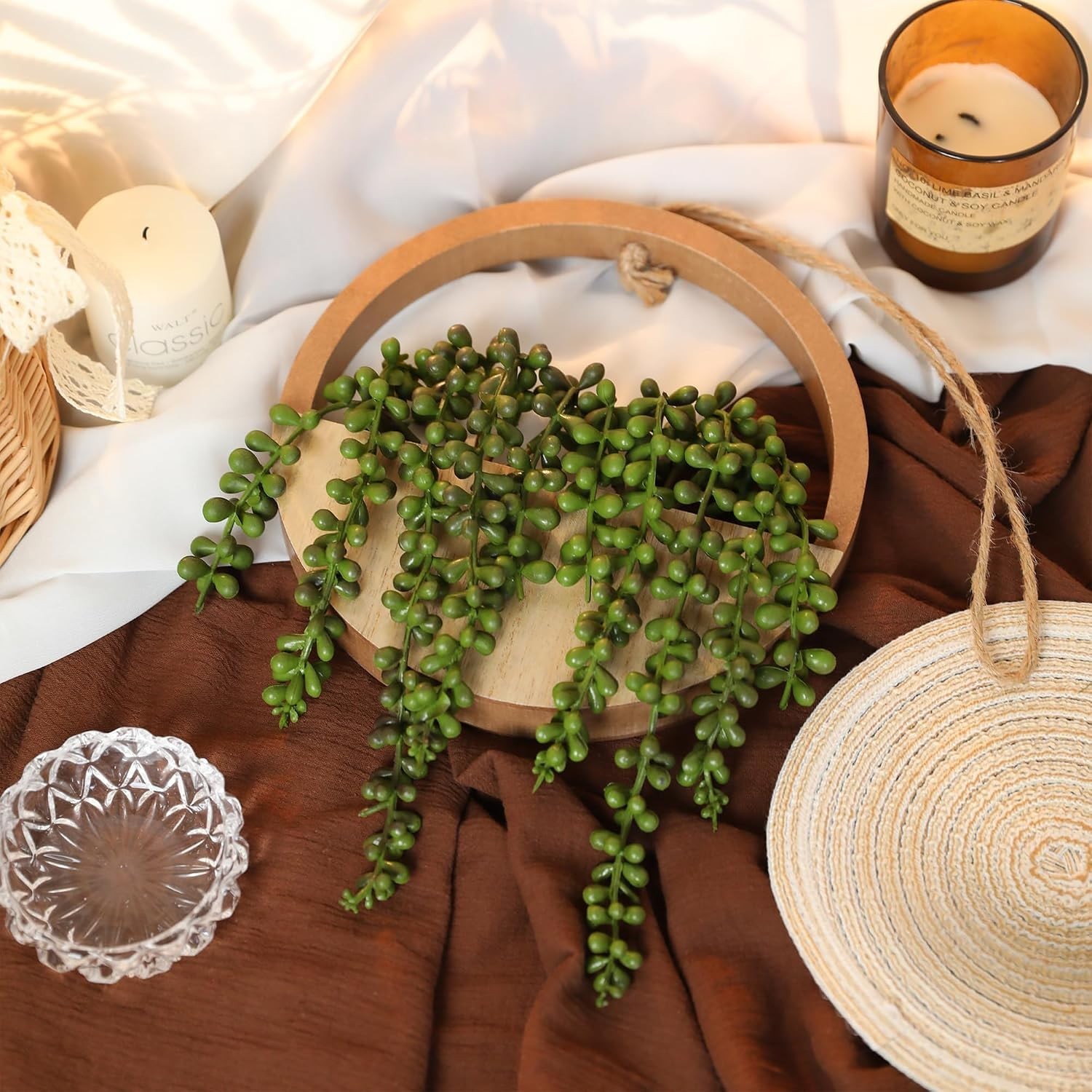 12.2” Realistic Fake String of Pearls in Wooden Pots – Set of 2 Hanging Plants