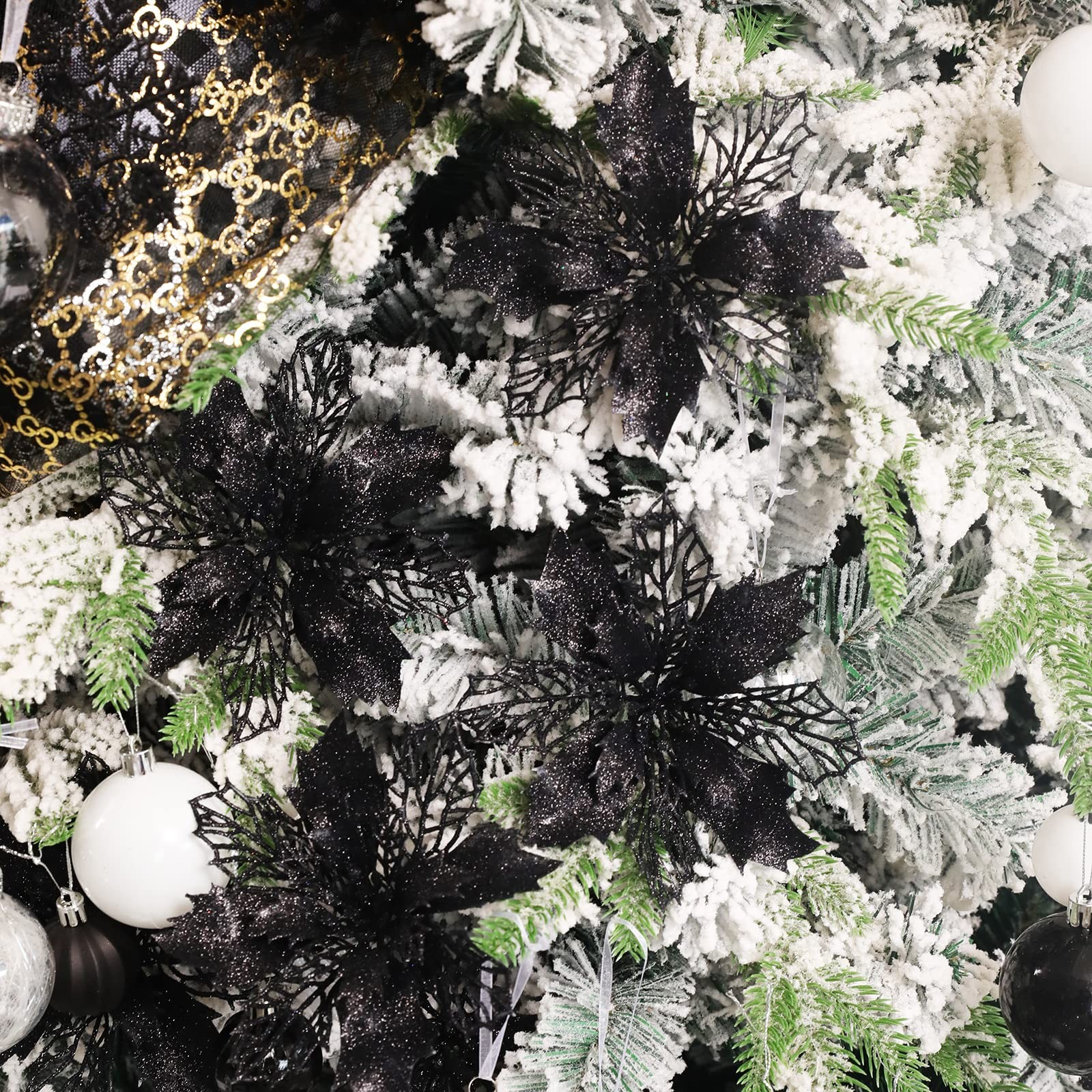 16 PCS Black Glitter Artificial Poinsettia Christmas Tree Flowers Ornaments