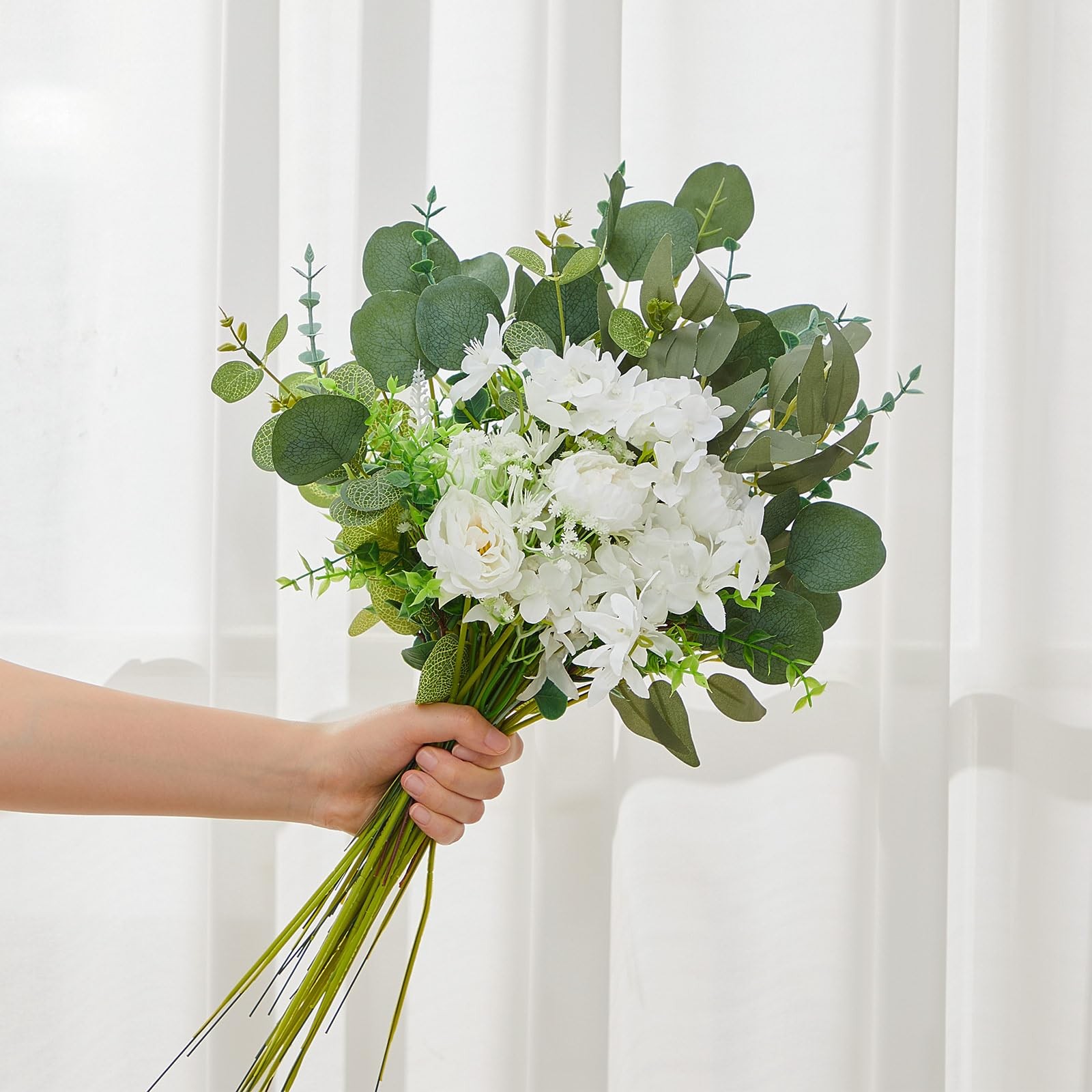 110 Pieces Artificial Eucalyptus Leaves Stems Set with 10 Kinds of Faux White…