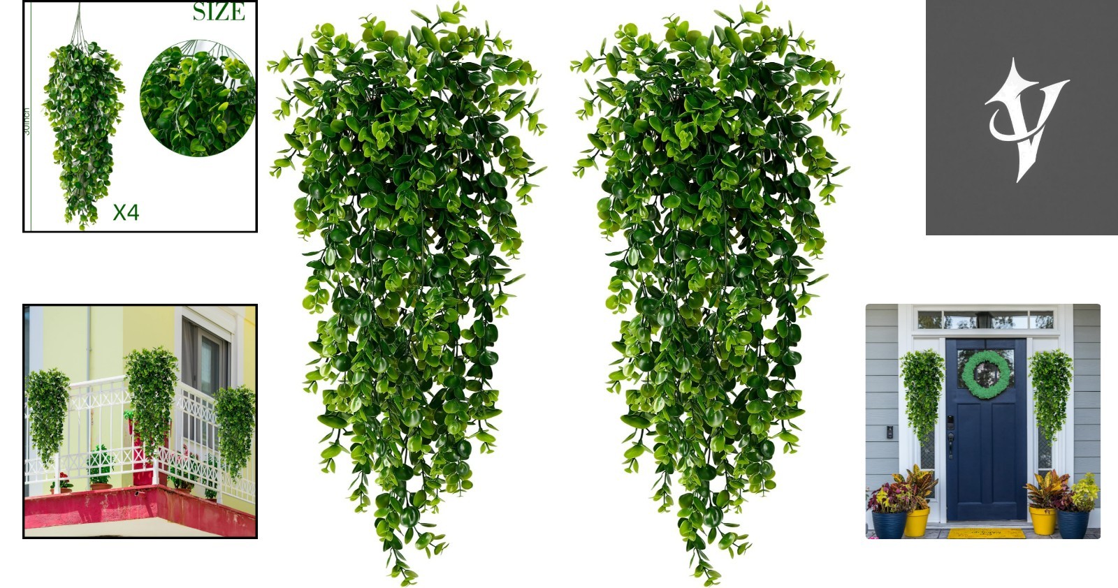 Versatile Faux Eucalyptus Hanging Plant Set – 4 UV Resistant Decor Essentials