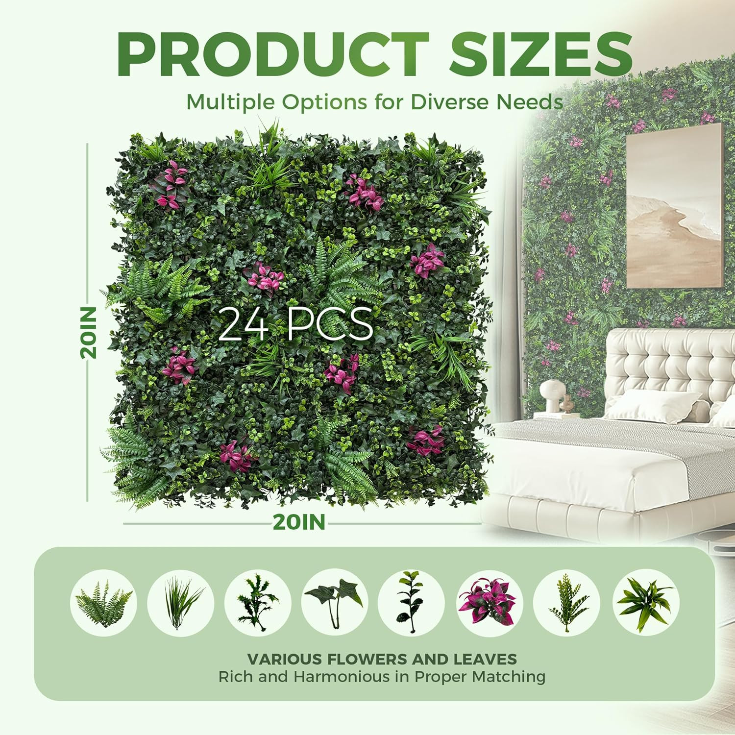 24Pcs UV-Anti Artificial Hedge Panels for Indoor/Outdoor Green Decor