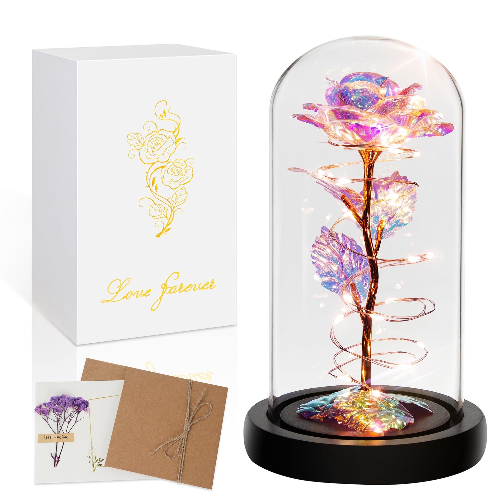 Birthday Anniversary Gifts for Women Colorful Light Up Rose in A Glass Dome