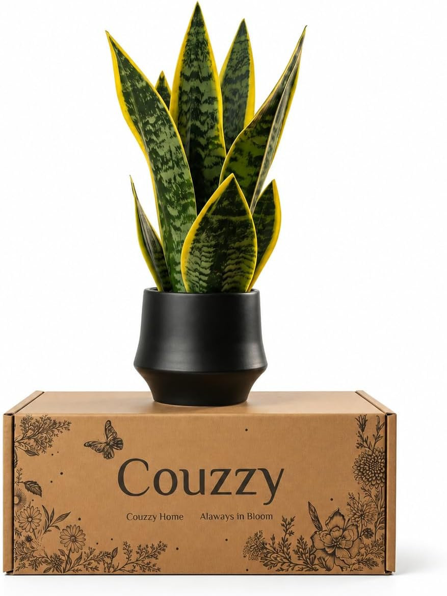 Realistic Artificial Snake Plant 15″ in Ceramic Pot – Faux Sansevieria Indoor De