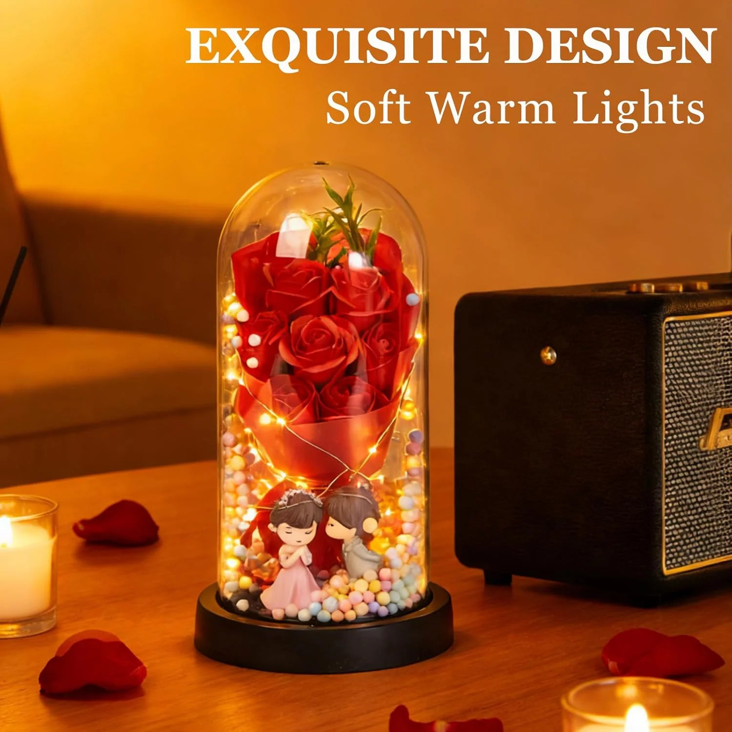 Preserved Flowers in Glass for Her,Pink Real Rose Bouquet with LED Light,Eternal
