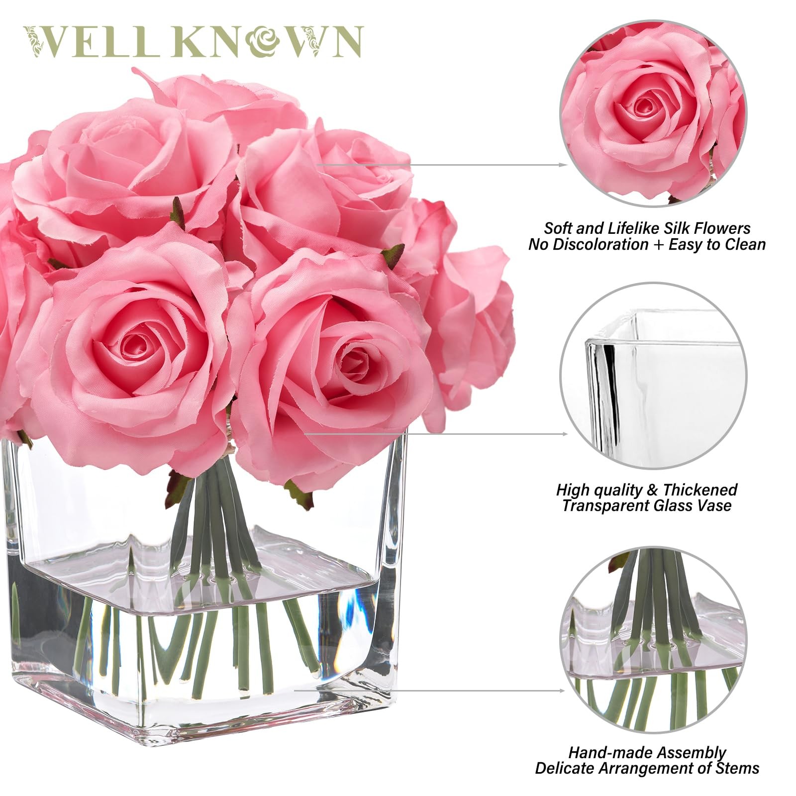 Pink Artificial Rose Flowers In Vase With Faux Water Silk Arrangement Decor