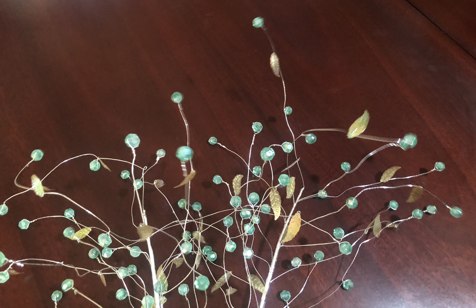 Set of 2 UNIQUE AQUA BEADED IRIDESCENT LEAVES WIRED SPRAY STEM VASE DECORATION