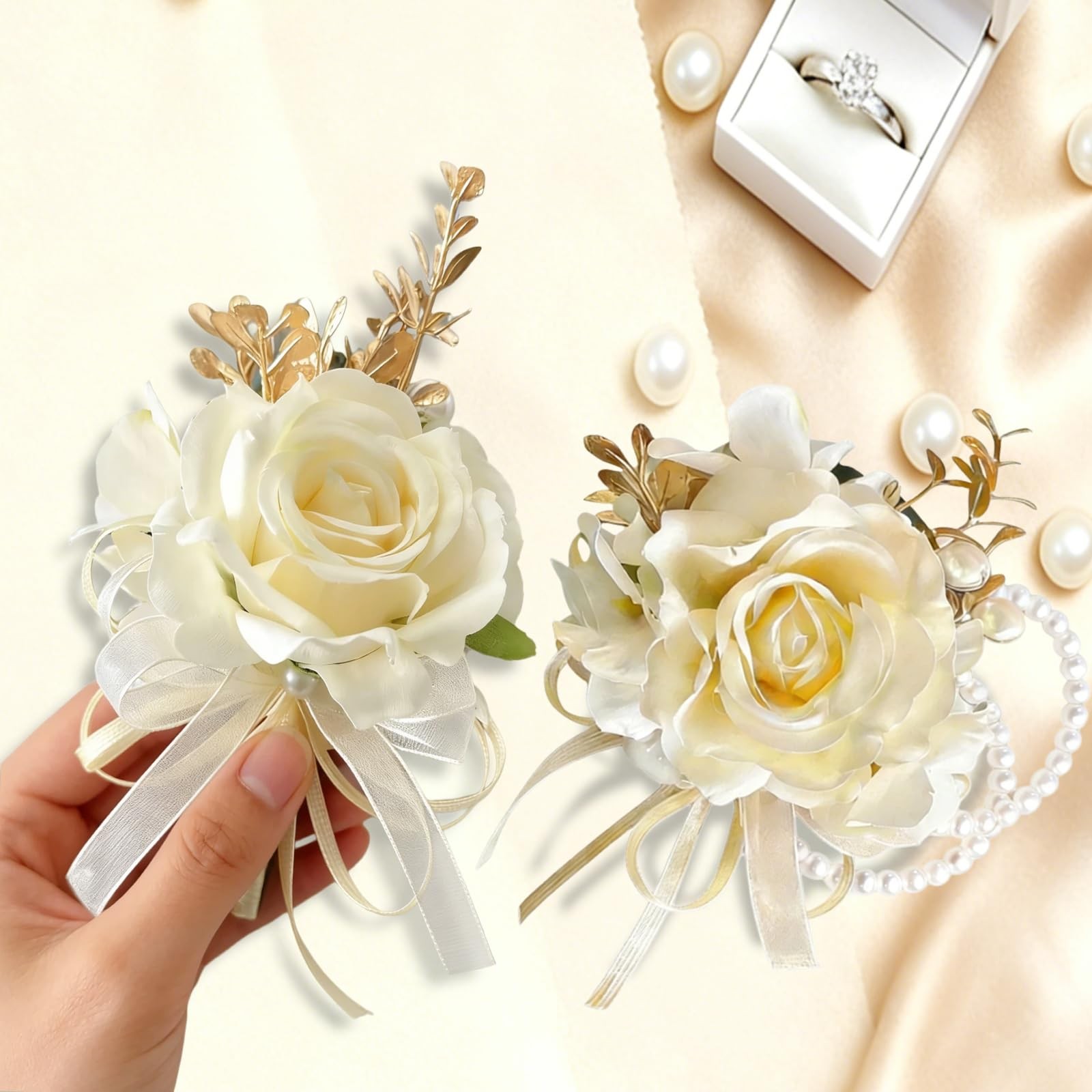 Champagne Wedding Corsage and Boutonniere Set – Silk Flower Wrist Corsage Bra…