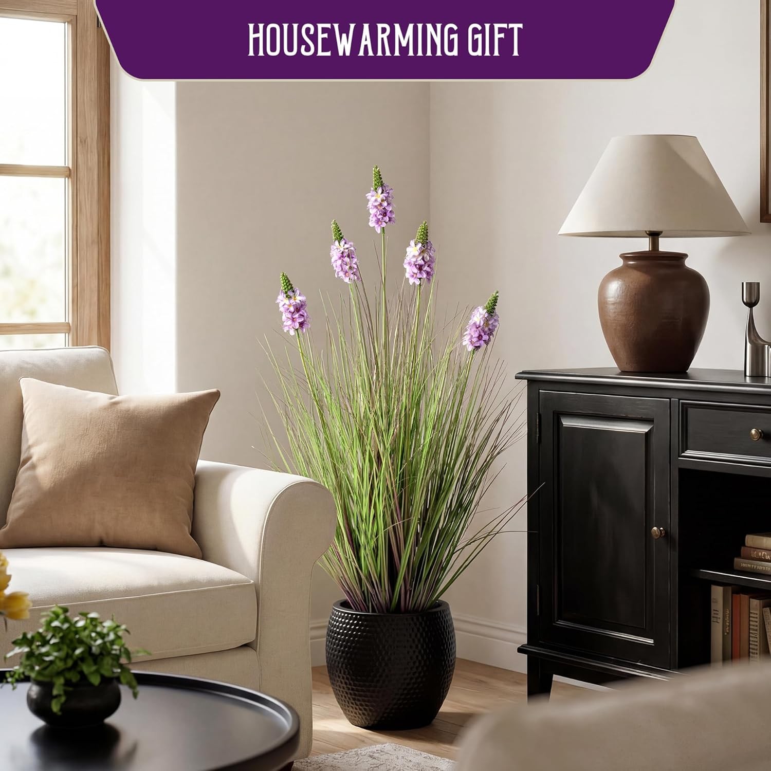 Tall Artificial Grass with Lilac Flowers 35.4In Green