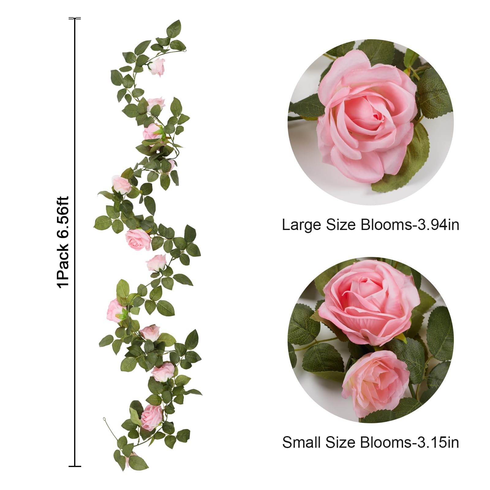 Artificial Rose Flowers Garland 6.56ft Pink Rose Vines, Hanging Rose Fake Flo…