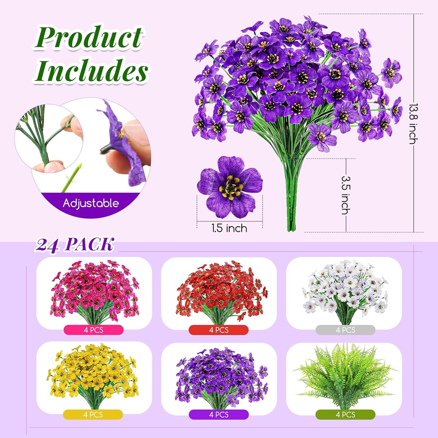 24 Pcs Artificial Flowers for Outdoors Faux Ferns UV Resistant Spring Yard Decor