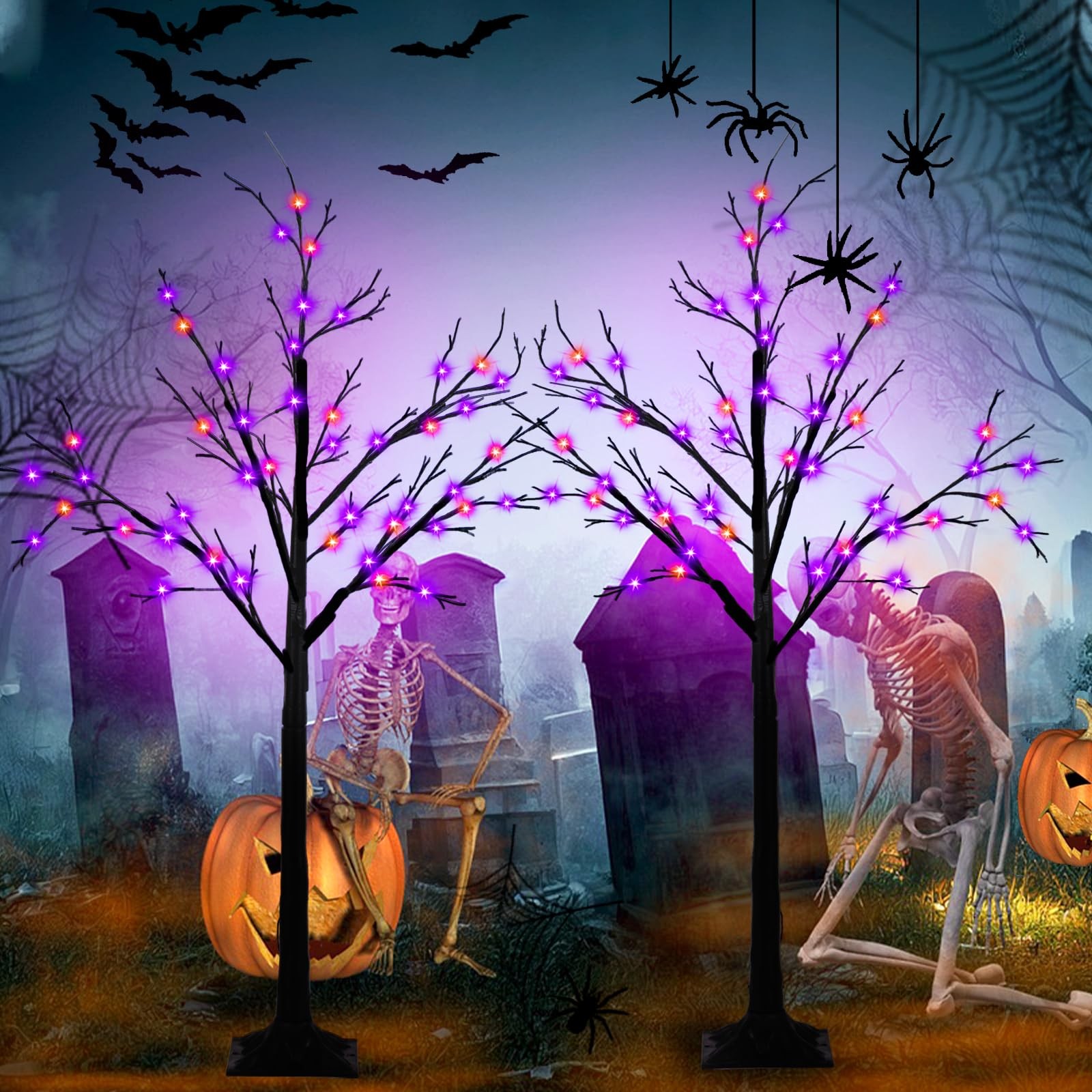 2-Pack 4FT Lighted Black Halloween Tree with 96 LED Orange & Purple Lights (H…