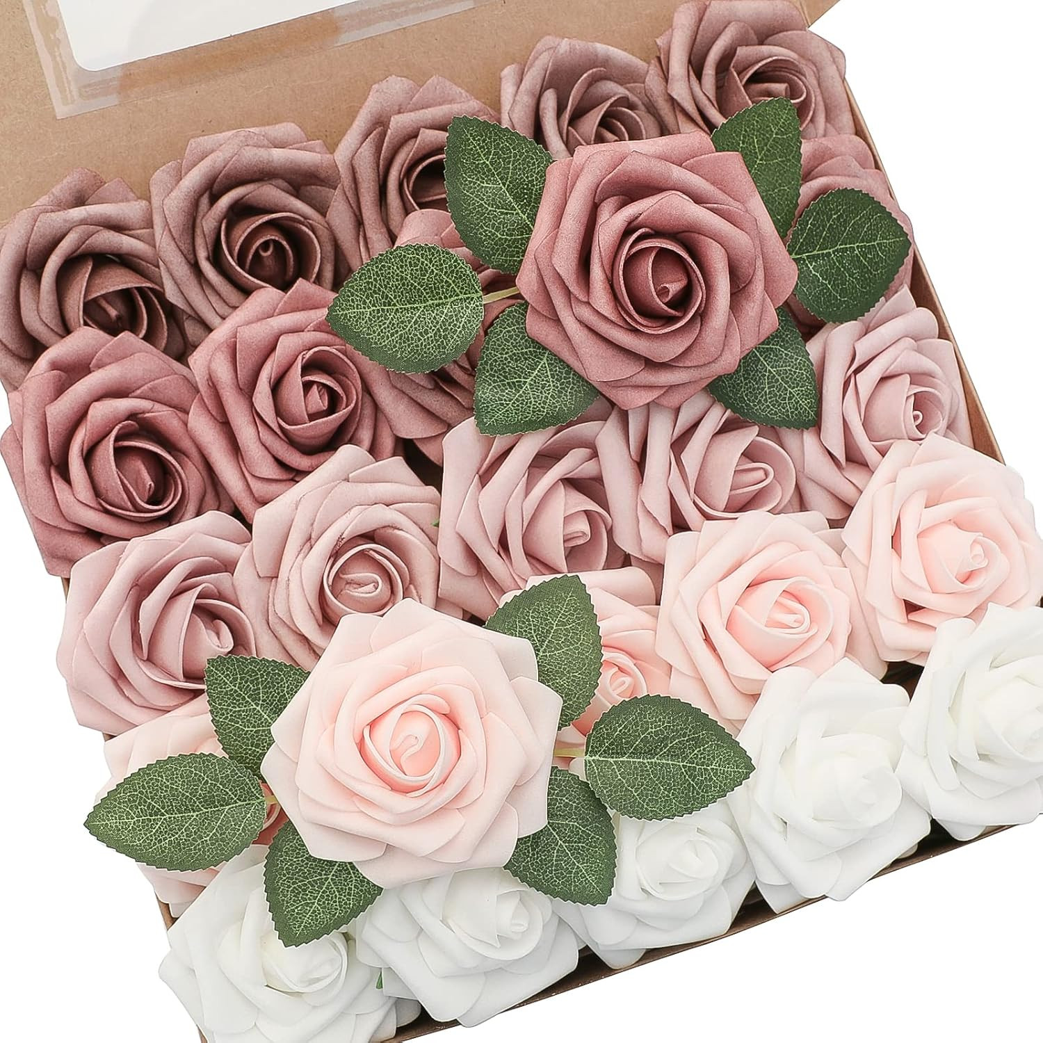 Artificial Flowers 25pcs Real Looking Dusty Rose Ombre Colors Foam Fake Roses wi