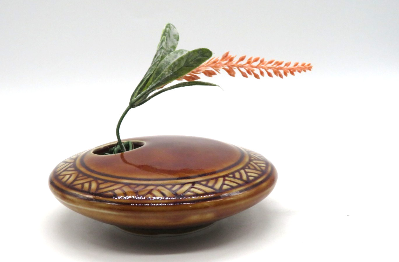 Vintage Ceramic Round Ikebana Flower Vase with Frog Brown Glaze Carved pattern