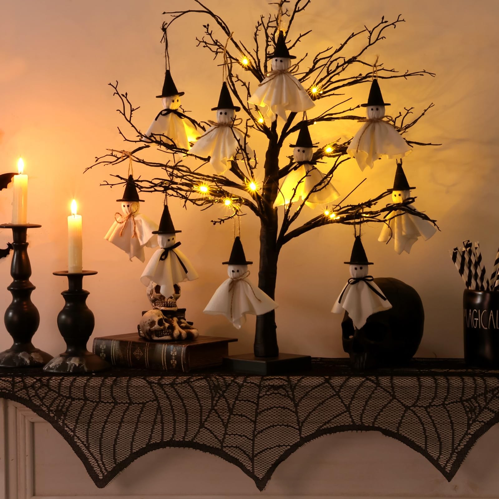 Halloween Decor Black Tree: 27″ Spooky Lighted Artificial Tree with 10pcs Hat…