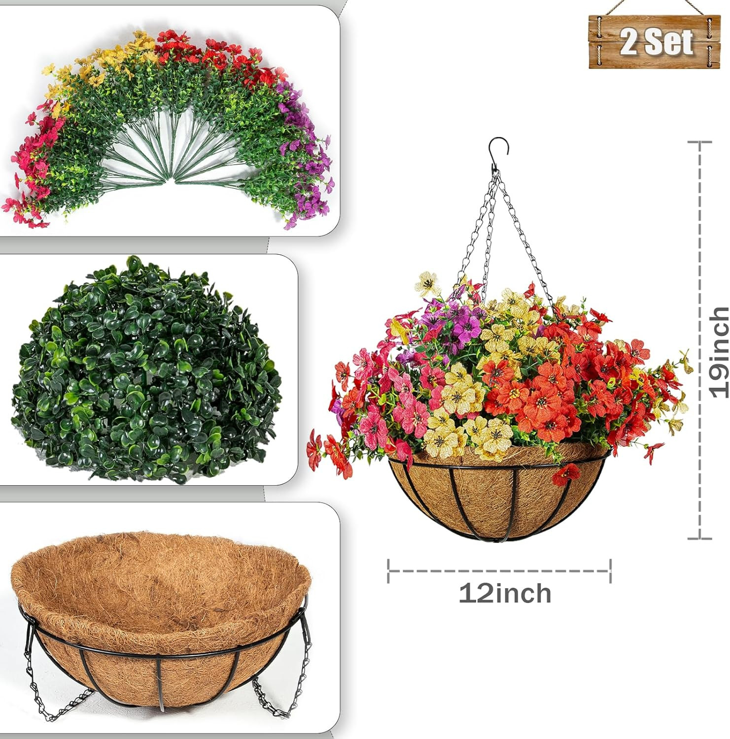24 Pcs Artificial Flowers in Hanging Baskets for Outdoor Garden Decor
