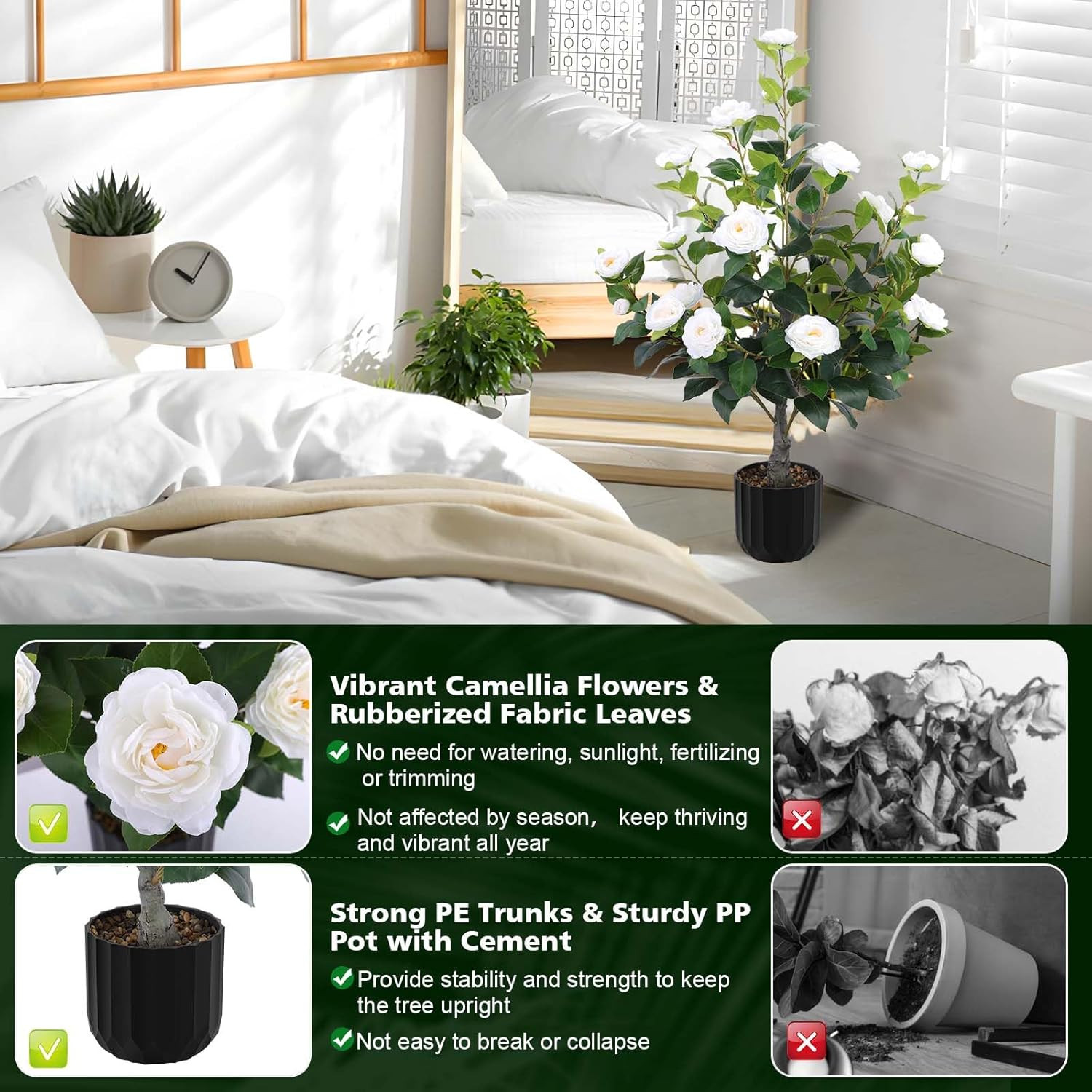 2 Pcs Artificial Camellia Trees Faux Camellia Plant in Pot with Flowers Indoor P