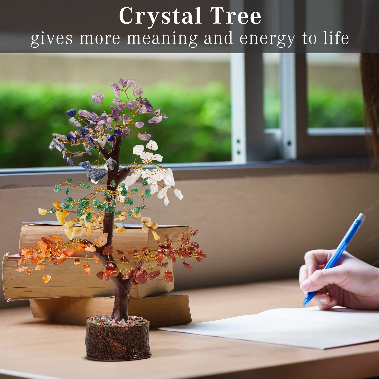Crystal Tree of Life 7 Chakra Medium, 1- 7 Wooden Base 300 Beads