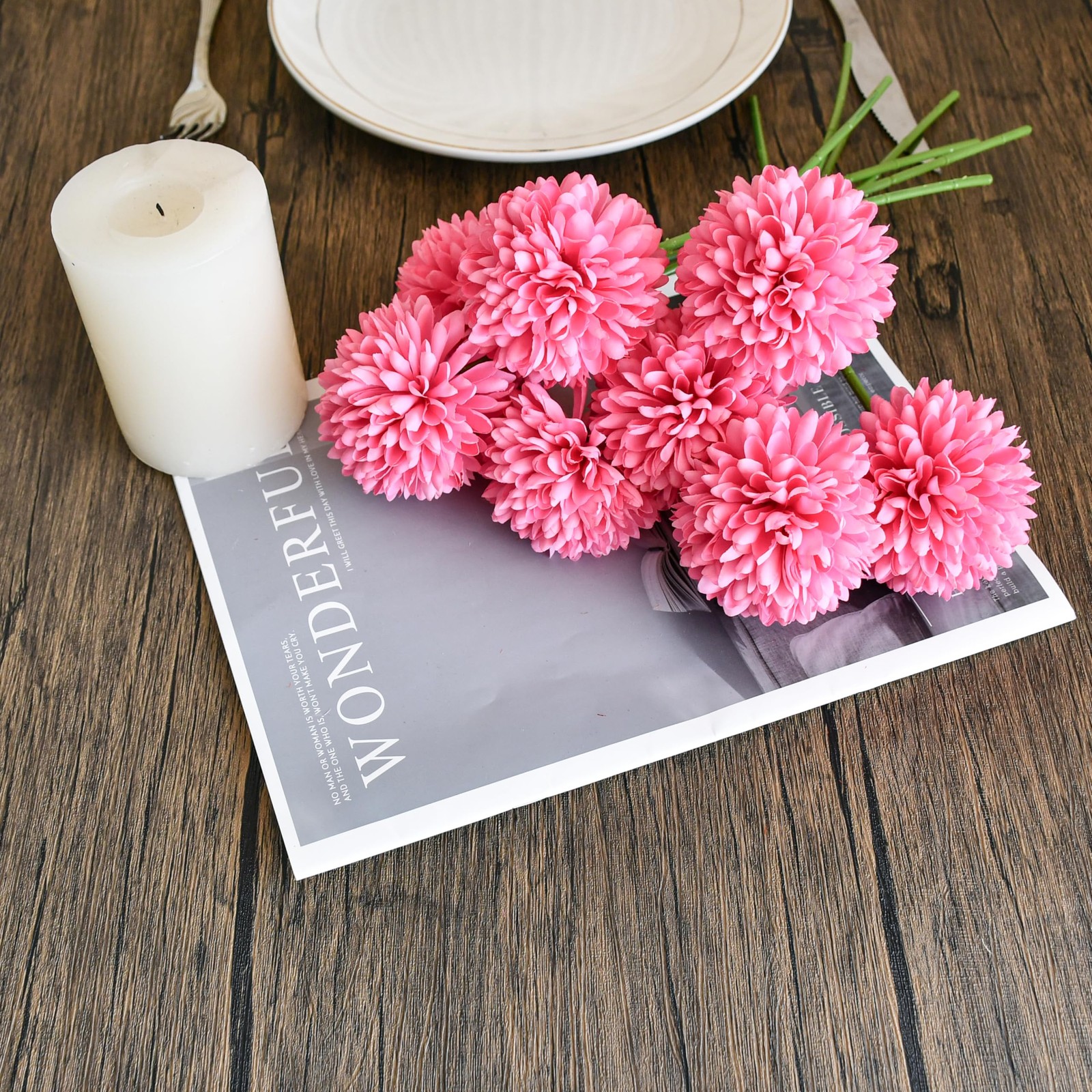 Hot Pink Chrysanthemum – 12 Pcs Artificial Mums Flowers for Home Table Center…