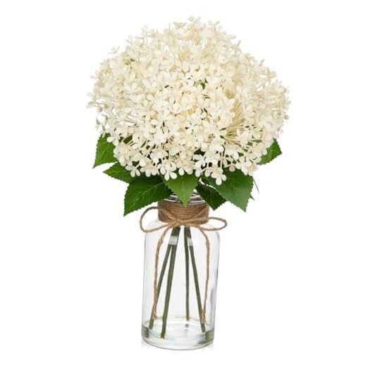 Artificial Hydrangea Flowers in Glass Vase with Faux Water, 13.8″ Fake White
