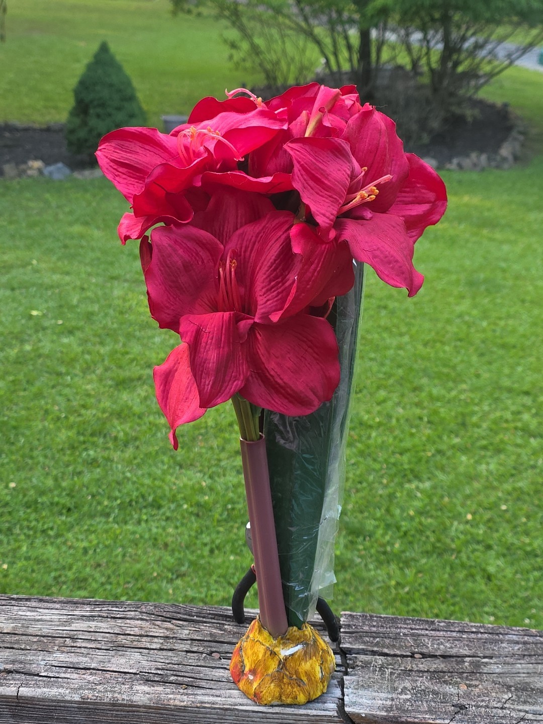 Red Faux Artificial Amaryllis Flowers 27″ Long Stem Bundle 6 Bouquet Set Silk