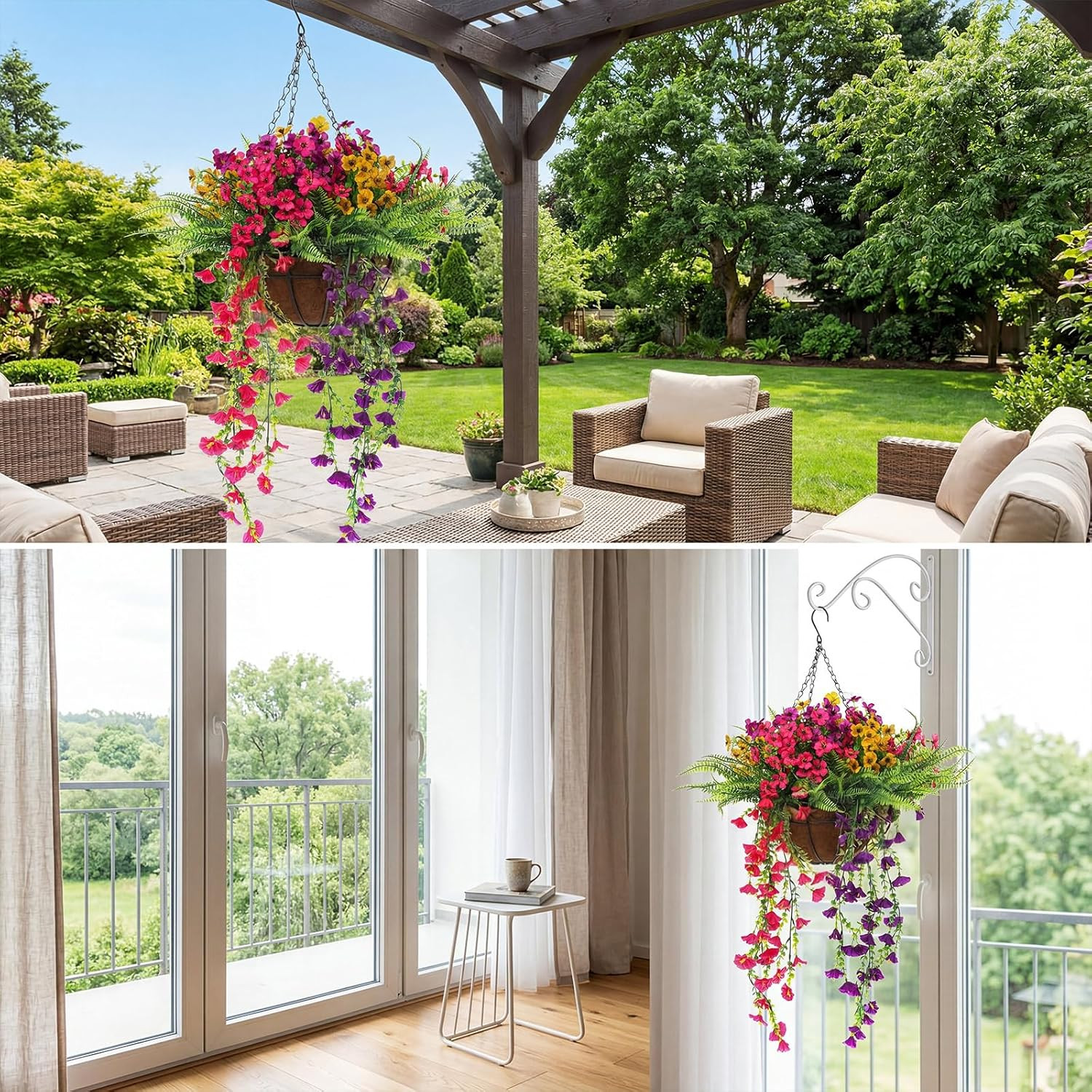 Faux Outdoor Hanging Plants Set with Artificial Fern & Morning Glory Decor