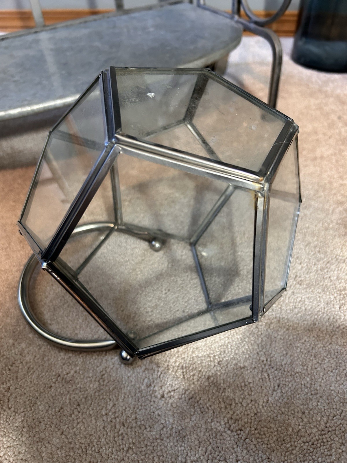 Geometric Glass Terrarium Basket with Metal Handle Pentagonal Display Holder 7”