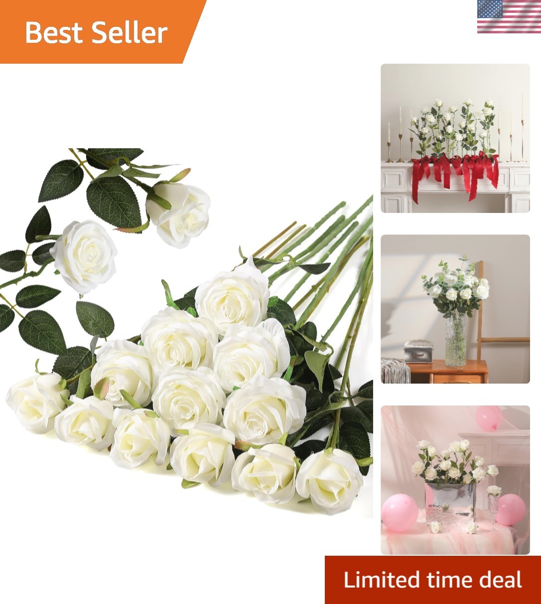 Long Stem 12PCS White Roses – Silk Flower Bouquets for Party & Wedding Elegance