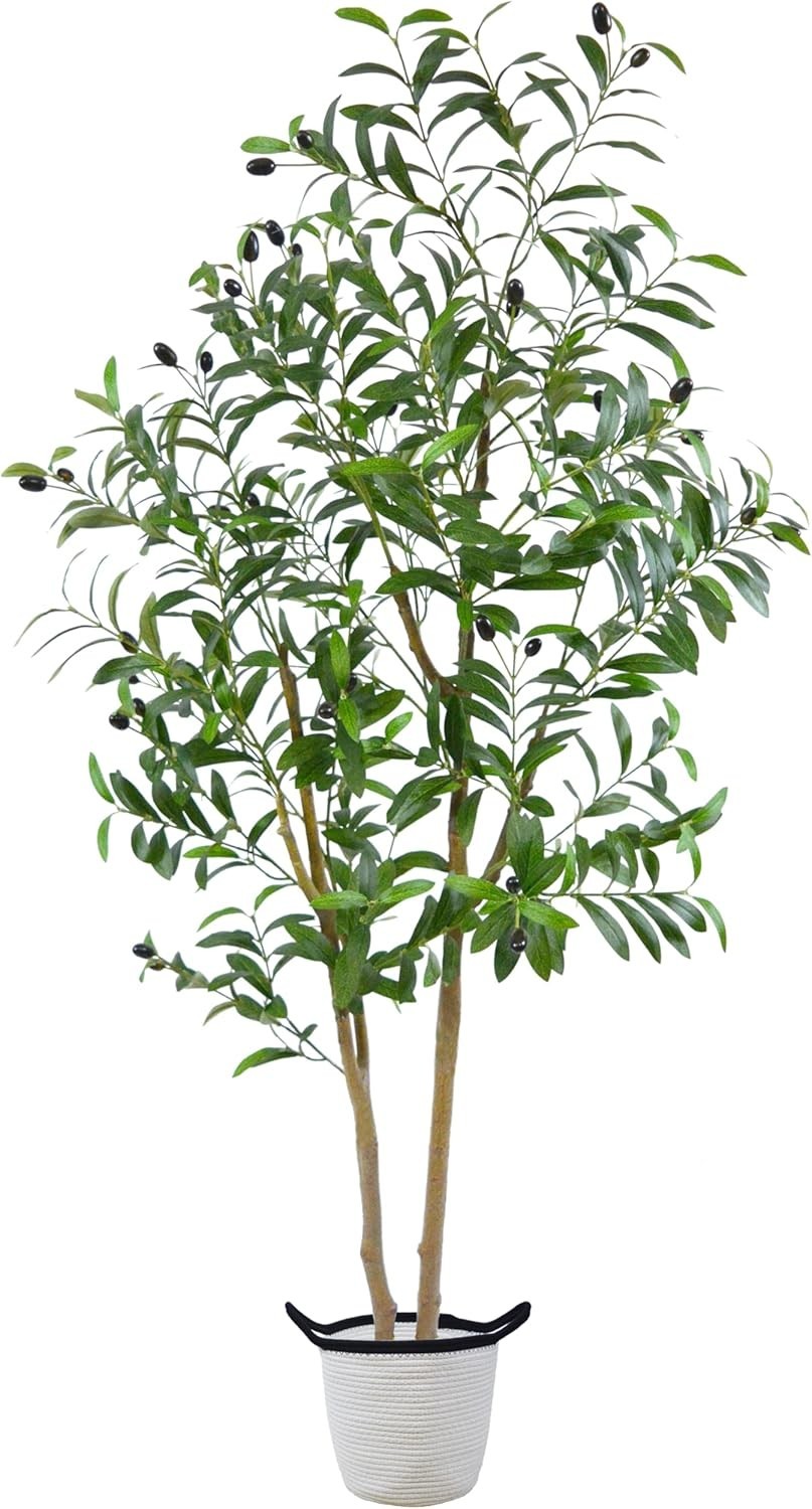Artificial Plant Fake Tree with Basket, Lifelike Silk Potted Plants, 5ft Olive