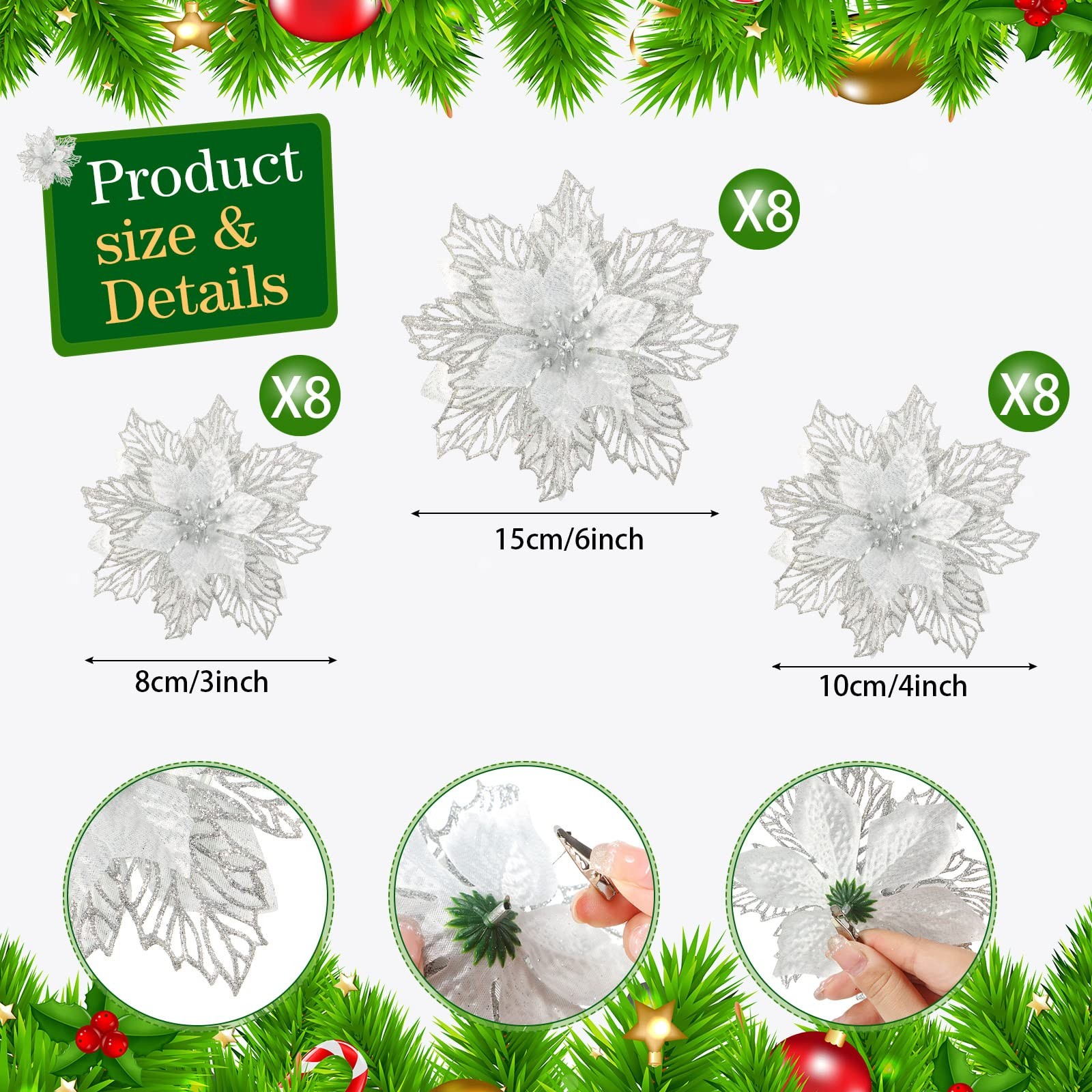 24 Pieces Happy New Year Glitter Poinsettia Flowers Layered Artificial Flower…