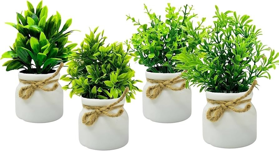Artificial Small Potted Plant, Faux Greenery in White Ceramic Pot with Jute Twi