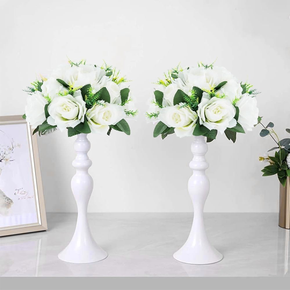 10Pcs Artificial Rose Balls for Centerpieces (White) | 15 Flower Heads, Plastic