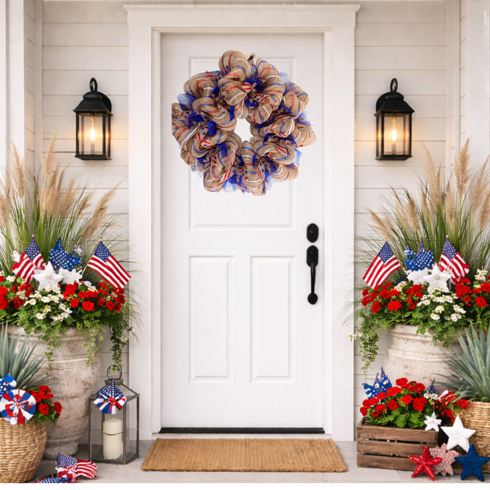 Burlap Striped Patriotic Ribbon Wreath Handmade Deco Mesh