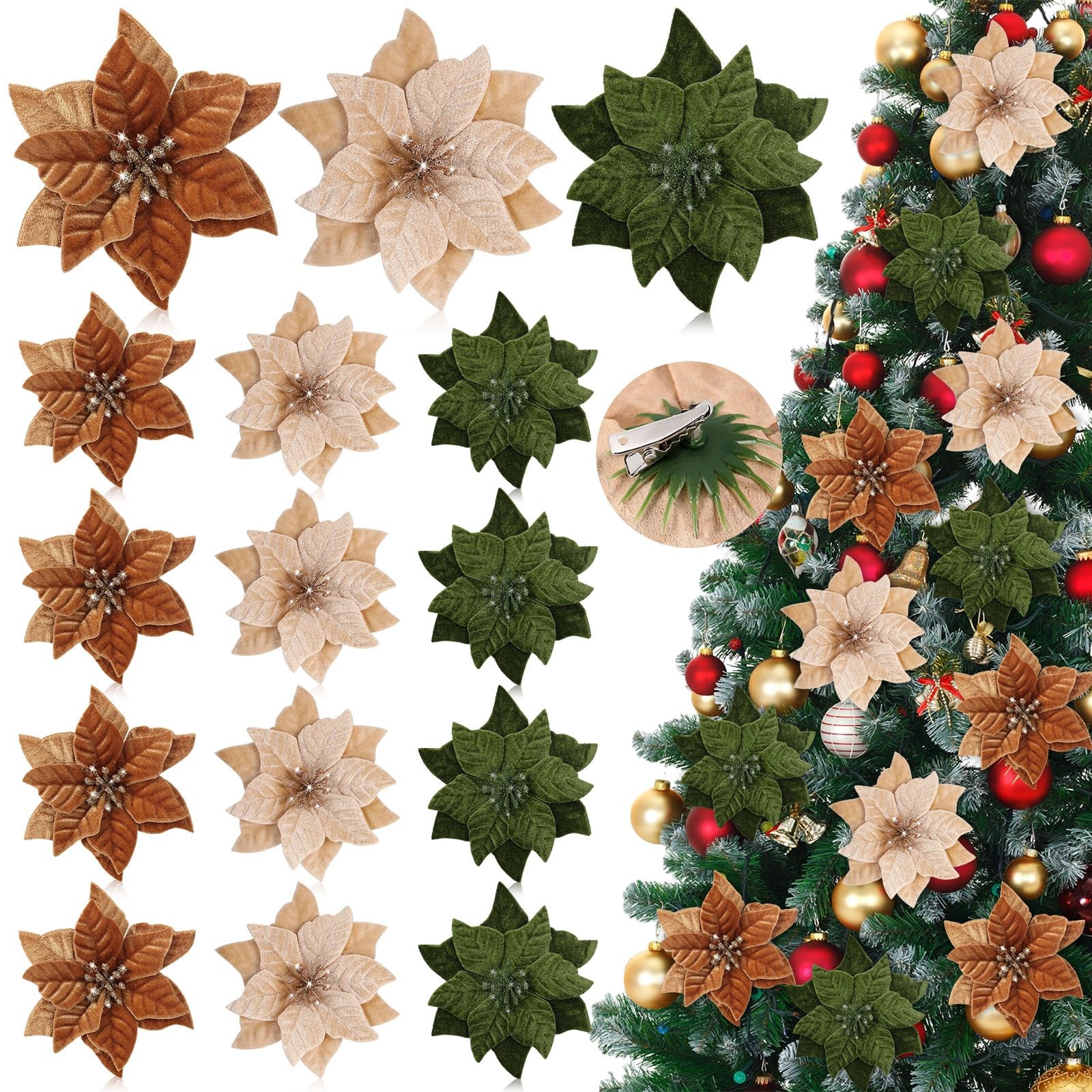 12 Pcs Artificial Neutral Christmas Poinsettia Flower 5.9 Inch Velvet