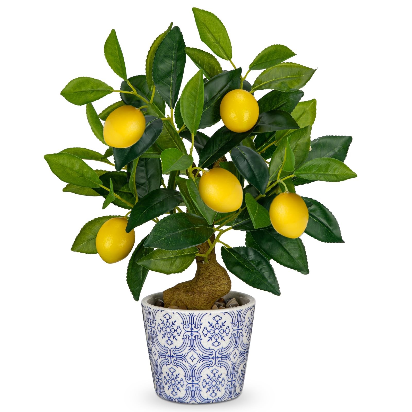 15.7 Inch Artificial Lemon Citrus Tree Fake Potted Plant Blue White Pot