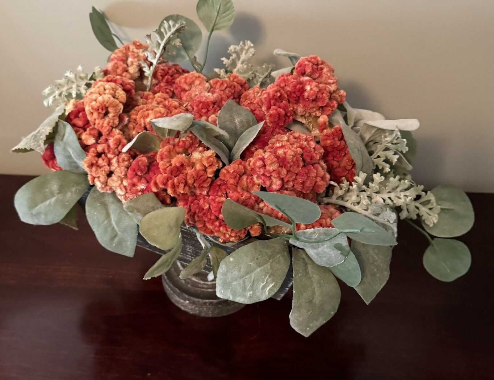 Orange Dried Floral Centerpiece Decor & Faux Green Leaves Metal Base Wooden Box