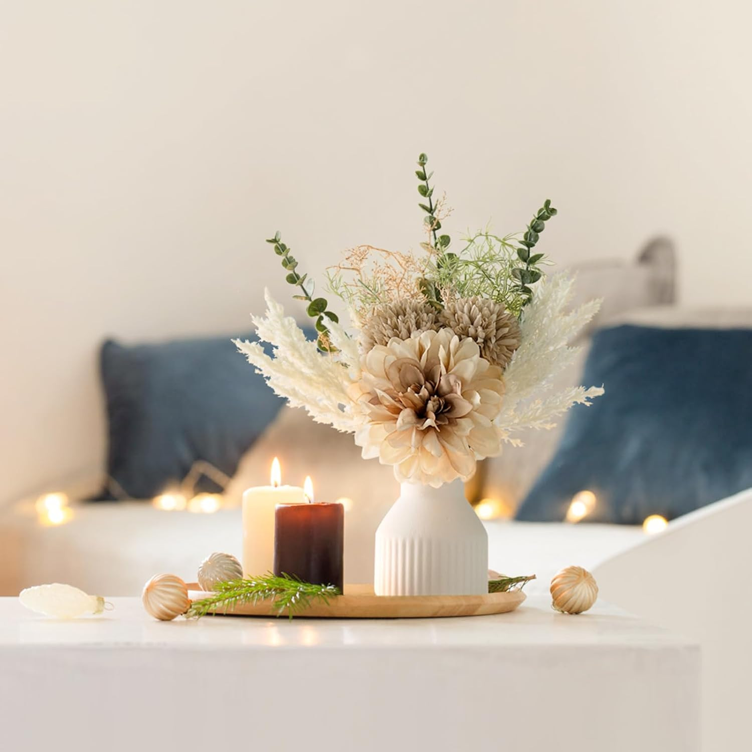 Small Artificial Flowers in Ceramic Vase 12.5″ Centerpieces Coffee Table Decor,