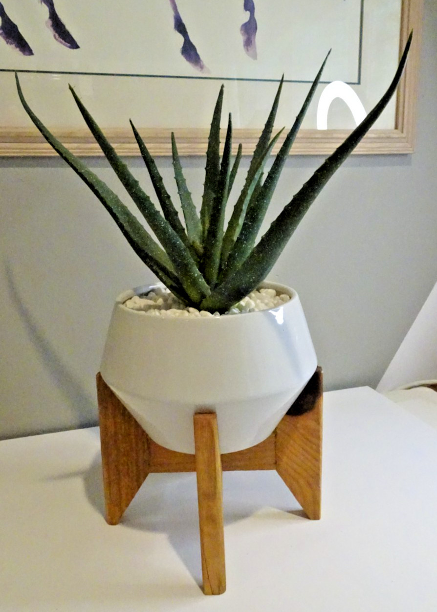 Artificial Fake Aloe Plant with White Ceramic Pot on Wood Stand 19.5 inches tall