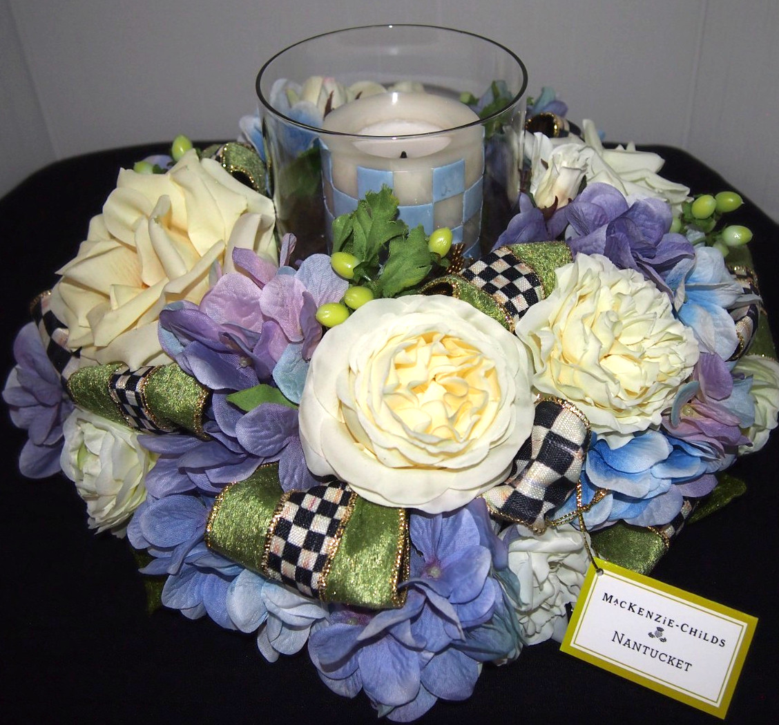 MacKenzie-Childs Nantucket Candle Centerpiece w/2 MC Hand-painted Pillar Candles