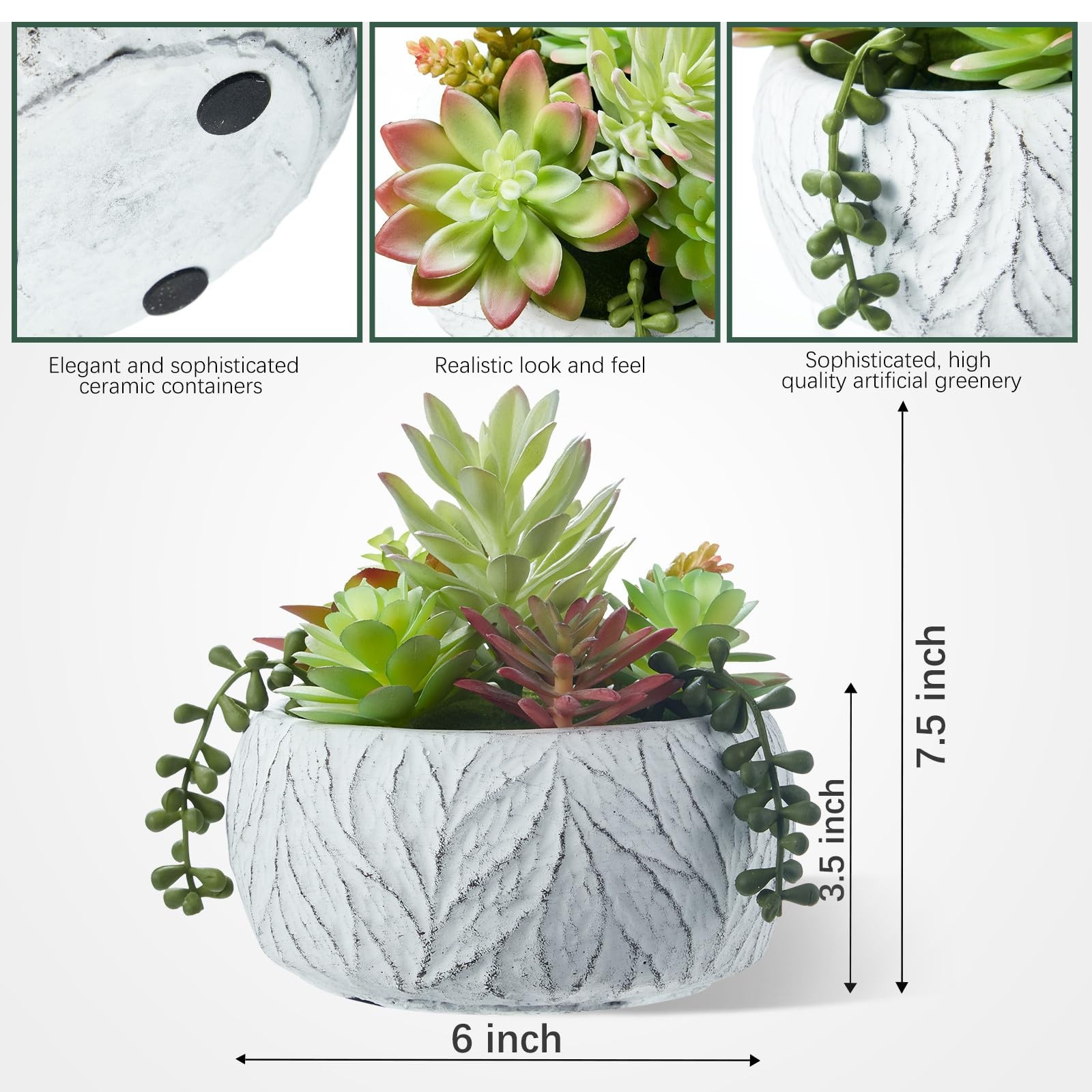 6 Inch Artificial Succulent Plant in White Ceramic Pot – Realistic Fake Succu…