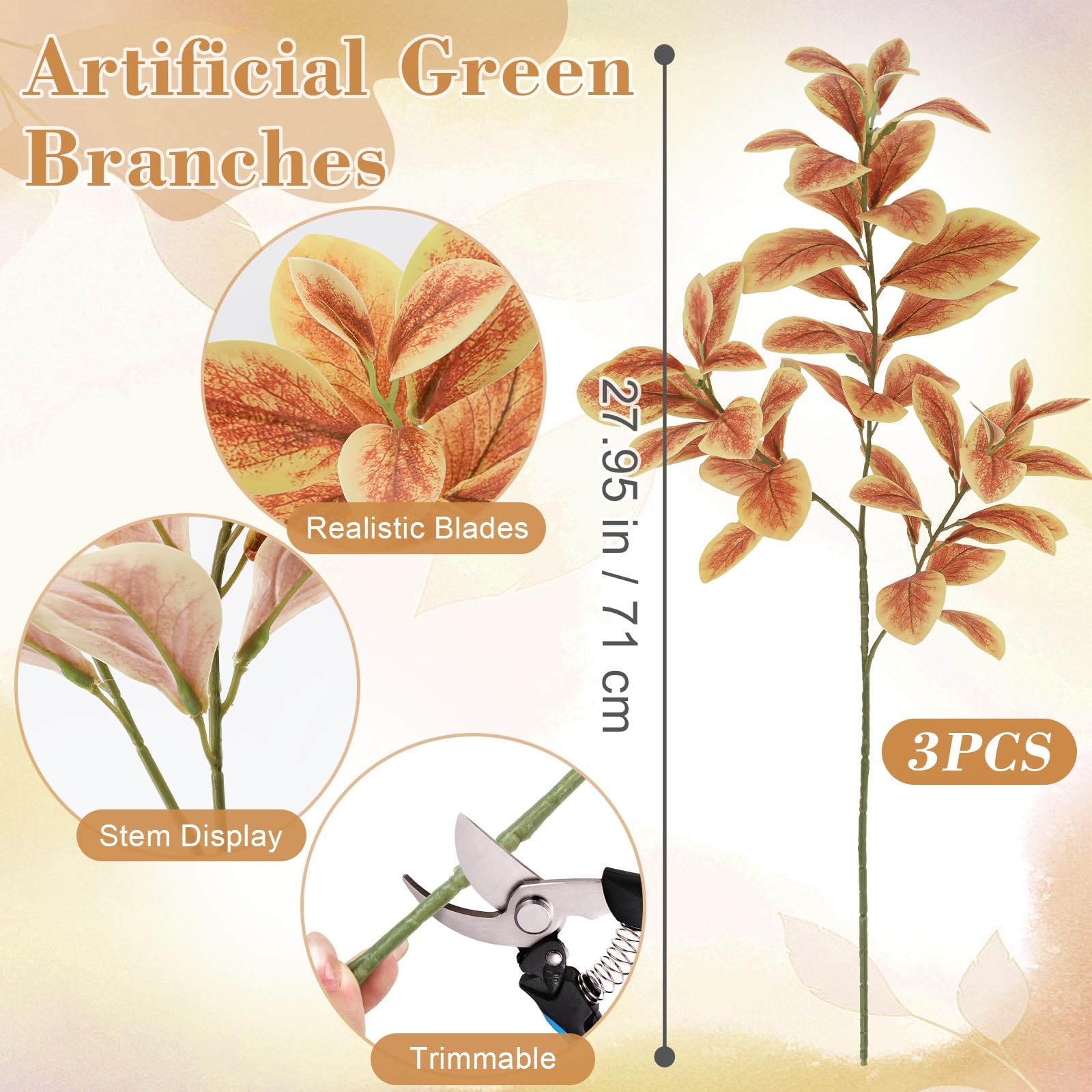 3 Pcs Artificial Yellow Leaves Branches 27.5″ Faux Fall Leaf