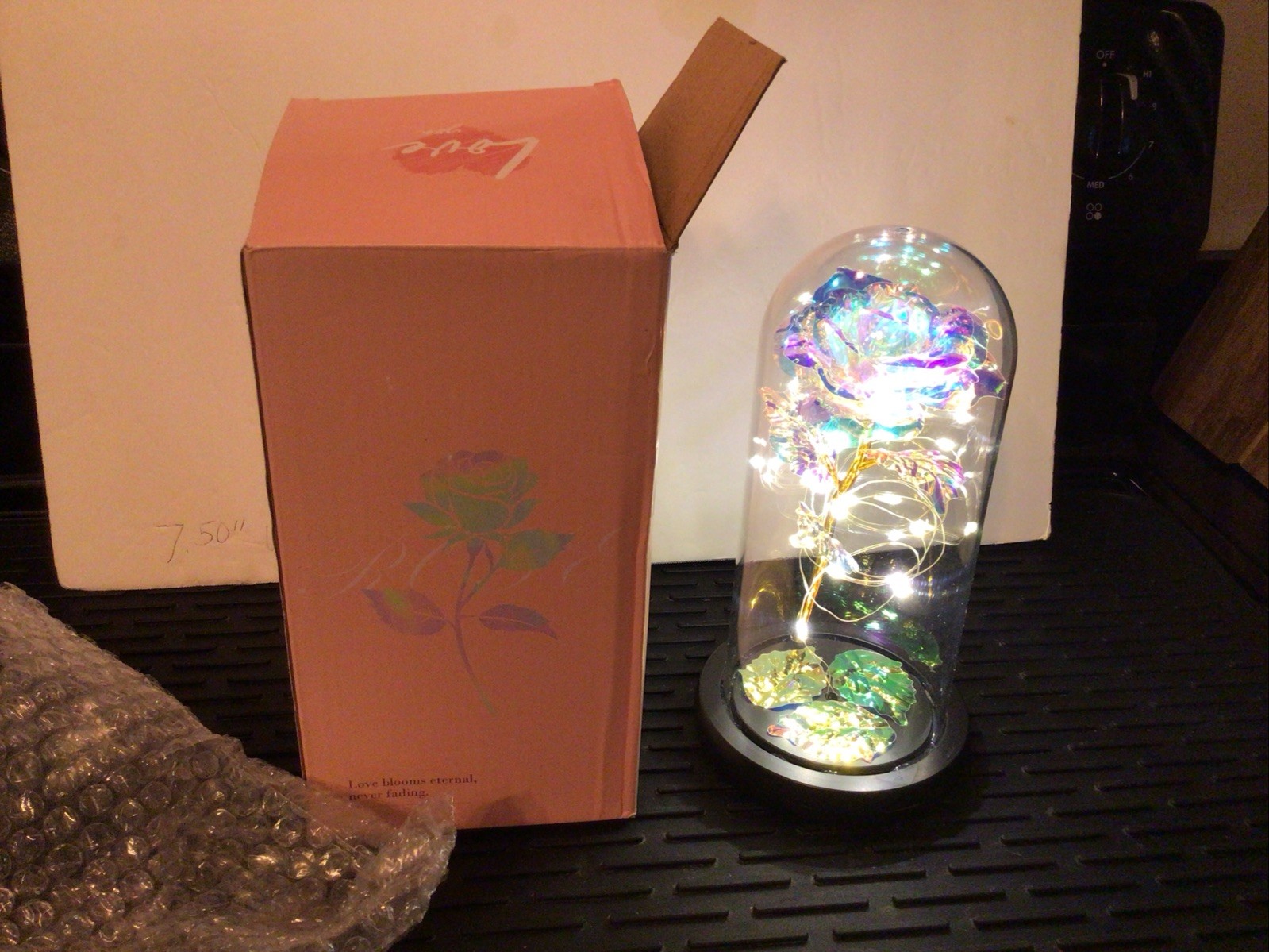 Eternal Rose Forever Artificial Flower In Glass Dome LED Light Lamp Foil Base