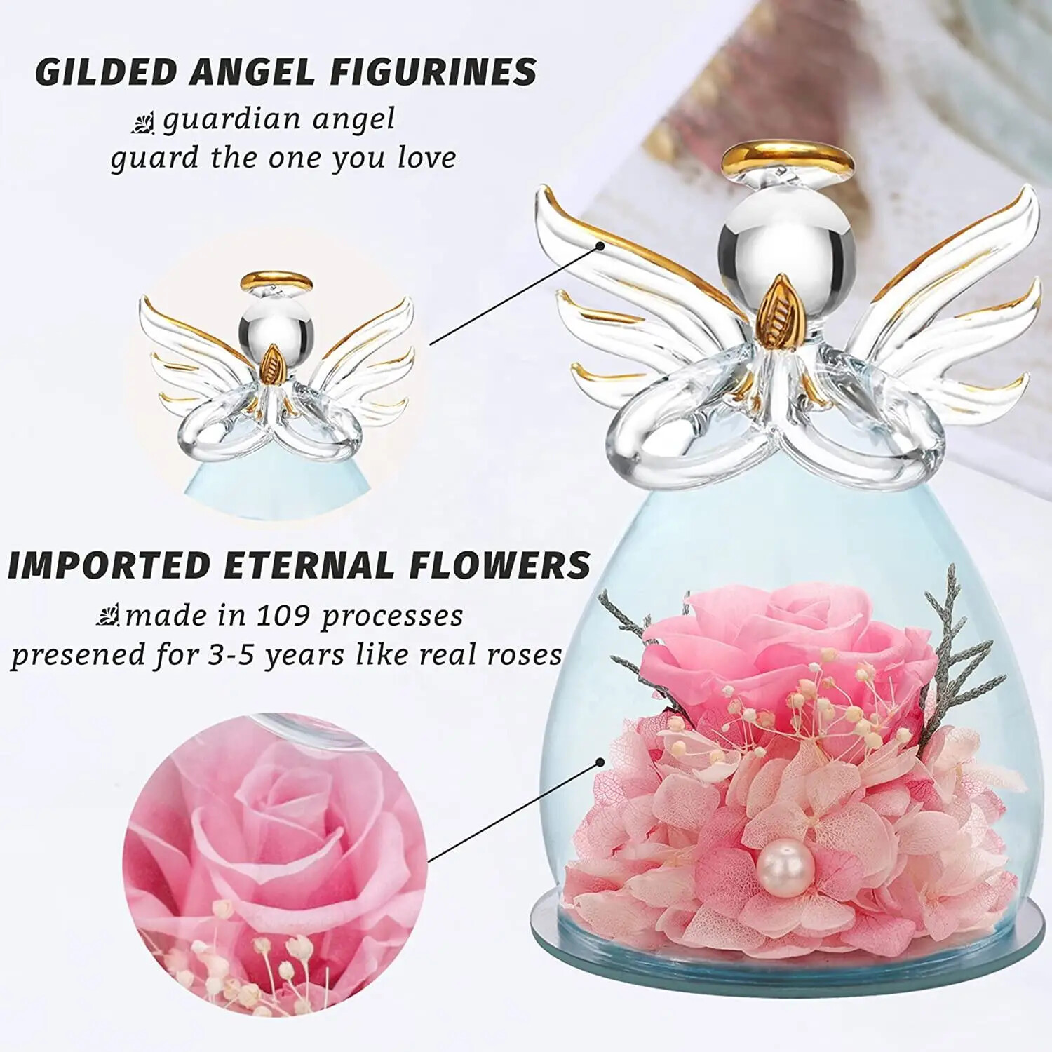 Wholesale Angel Rose in Glass Dome – Gilded angel figurines guardian angel