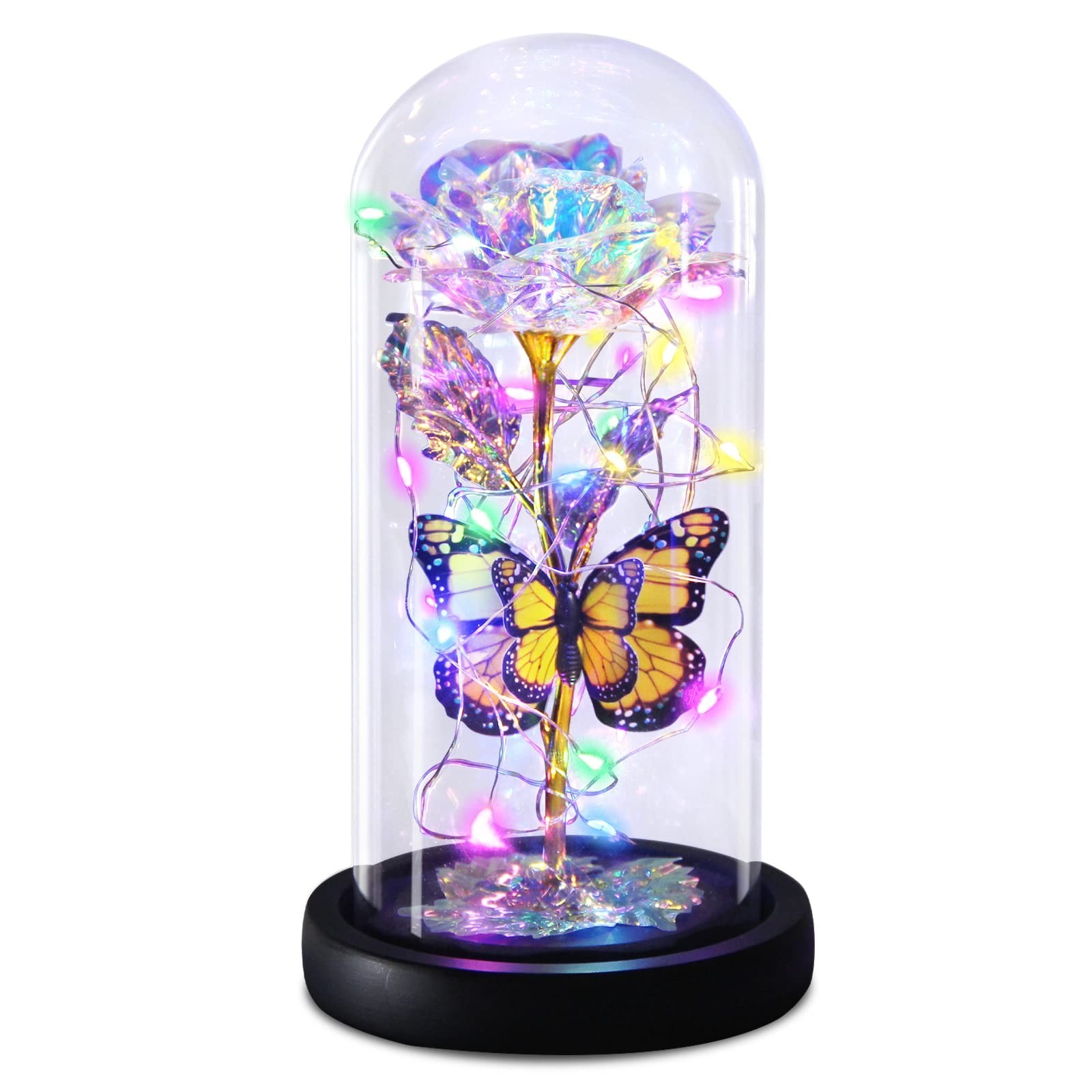 Light Up Galaxy Butterfly Rose in Glass Dome – Eternal Mother’s Day Gift for Mom