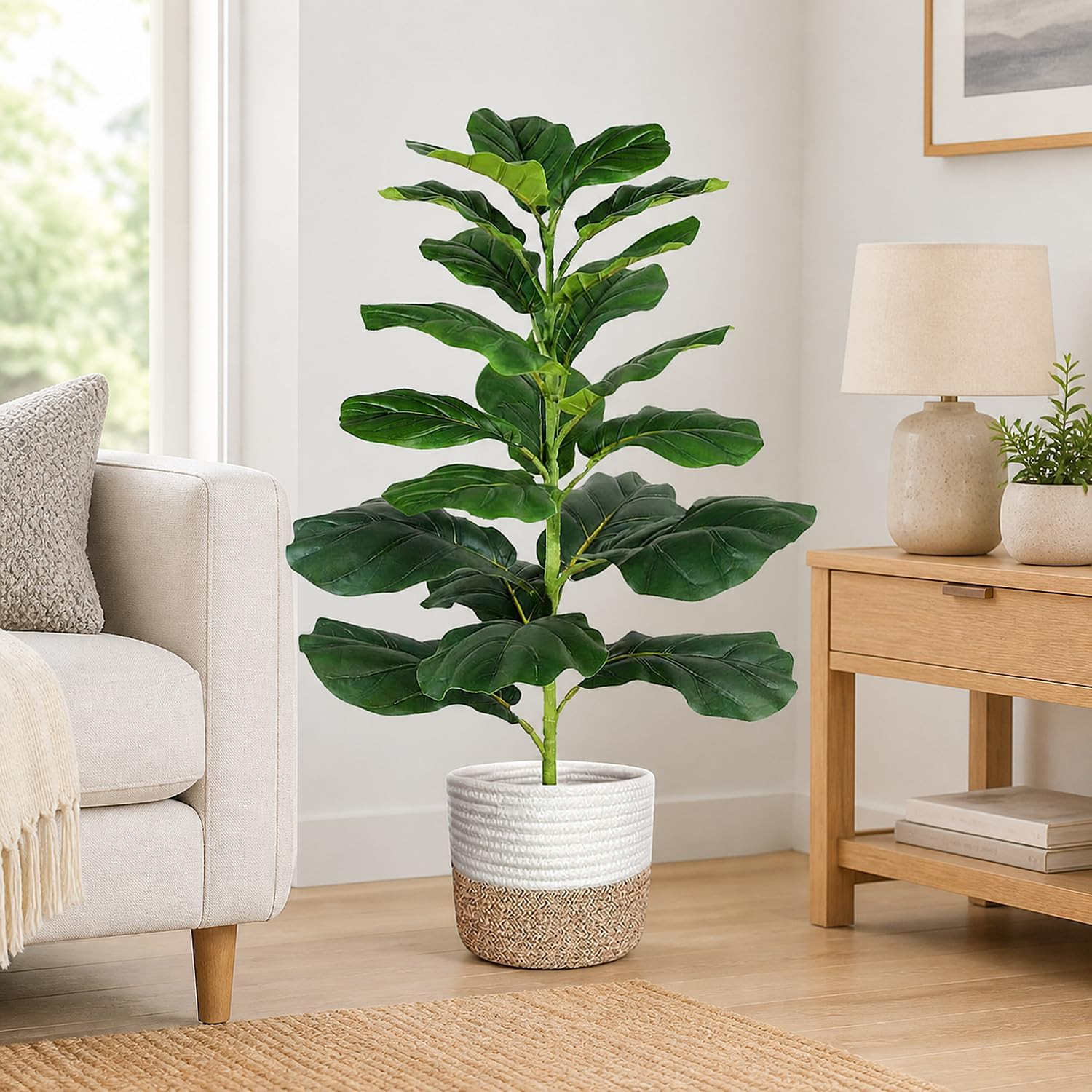 30″ Artificial Fiddle Leaf Fig Tree, Realistic Fake Plants Faux Trees Indoor wit